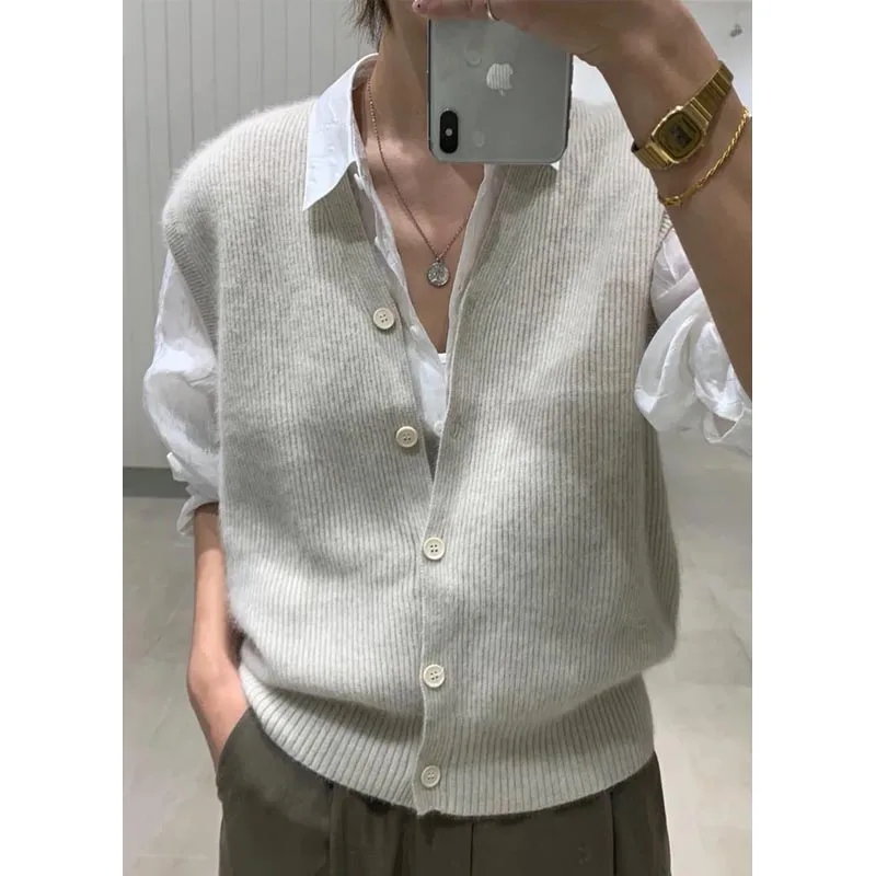 Autumn Fashion Solid Sleeveless Casual Loose Women Vest Sweater Warm Knitted V Neck Cardigan Elegant Ladies Clothes 16348