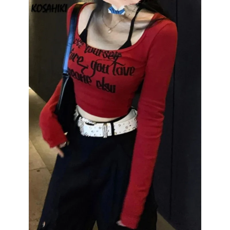 

Винтажные уличные футболки с буквенным принтом, осень 2024, универсальные облегающие укороченные топы в стиле гранж, женские эстетические футболки в стиле Харадзюку Y2k