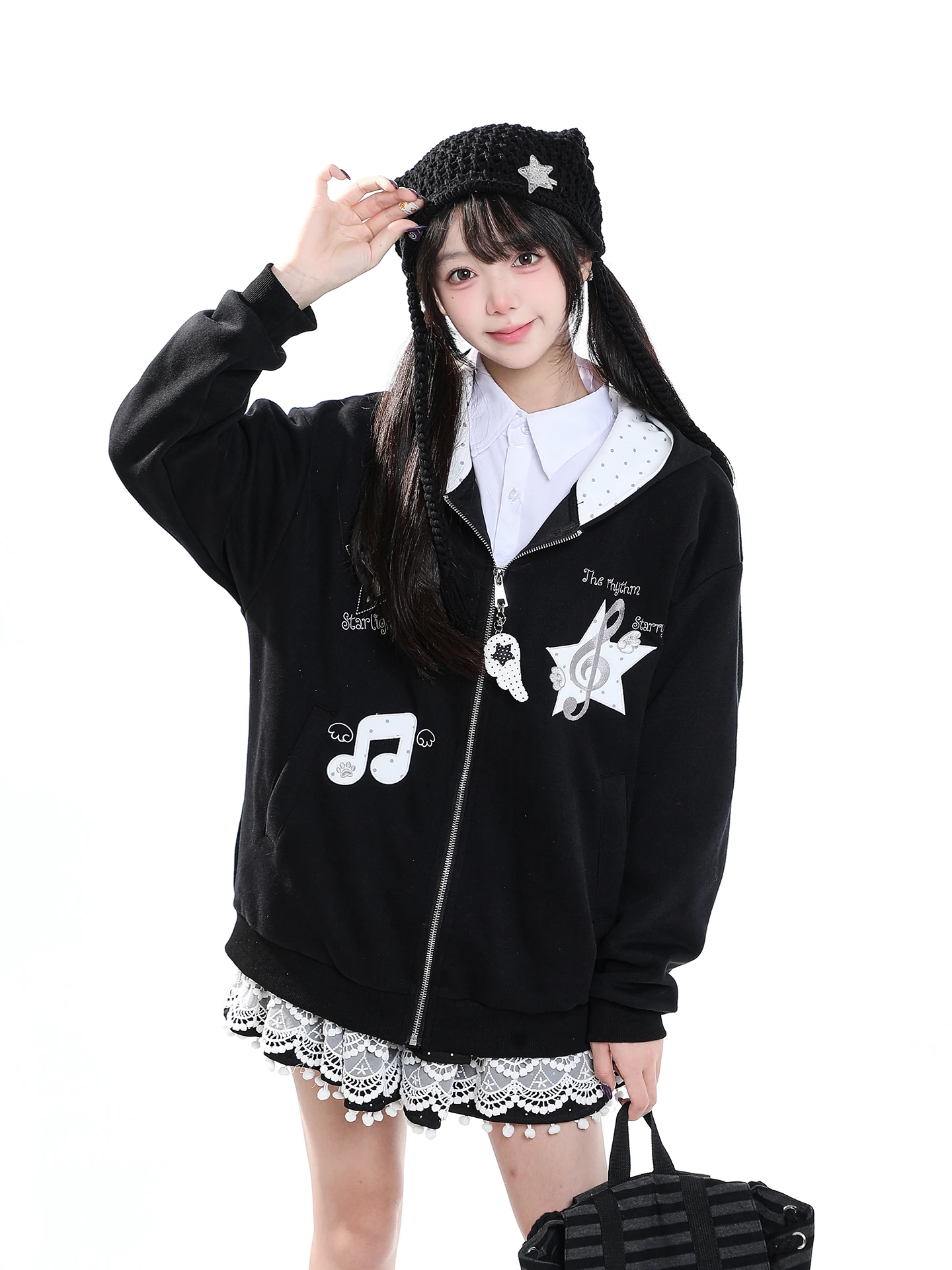 Casual Hoodie Sweatshirt Women's Loose Fit Autumn College Style Chic Zipper Jacket Star Note Patch Embroidery Casual Wear