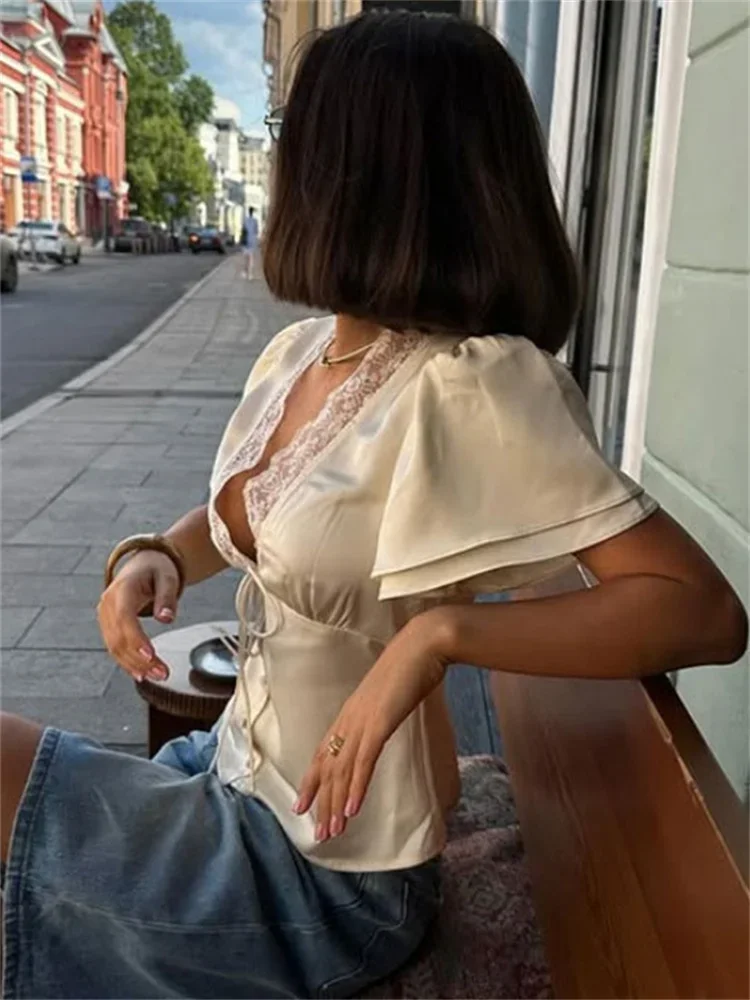 

2025 Lace Summer V-Neck T-shirt Top For Women Lace-Up Hollow Out Short Sleeve Printed Cropped Top Pullover Female Bandage Tee