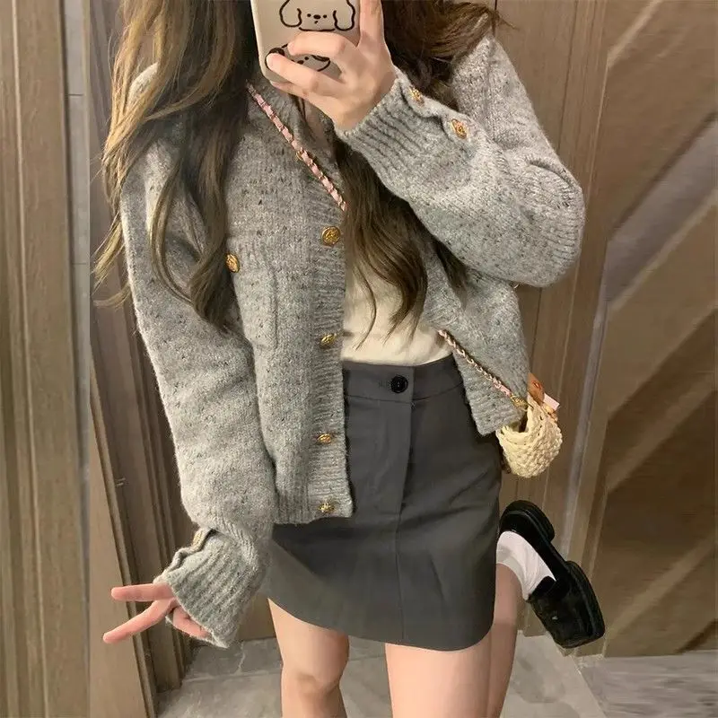 Grey Knitting Cardigan Coat Women Autumn Winter Loose O-neck Long Sleeve Sweater Casual All-match Office Lady Knitwear Tops