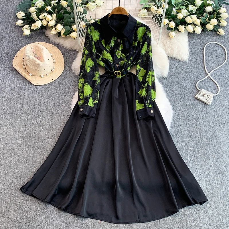 French style retro mesh printed dress women light luxury satin splicing waist cinching and slimming big swing long skirt