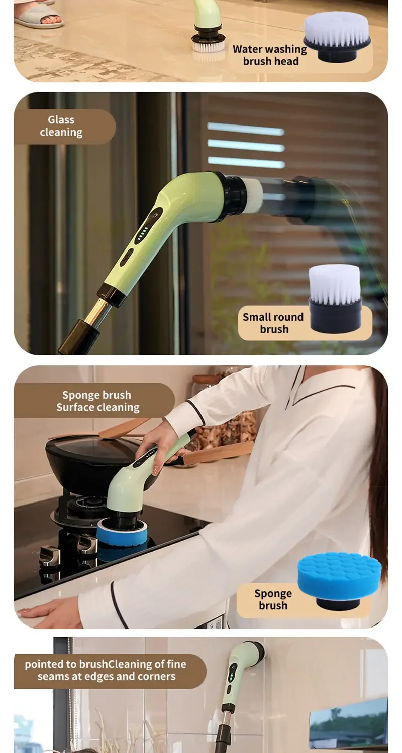 Simplify everyday cleaning with a rechargeable electric spin scrubber featuring an extension handle, interchangeable brush heads, USB-C charging, and a battery display.