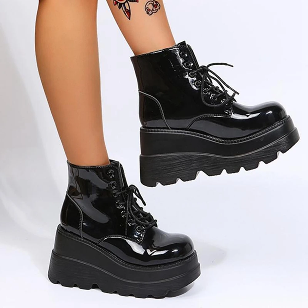 

Women Eyelet Lace-up Wedge Ankle Marten Boots Spring Autumn Round Toe Platform Design Pu Leather Boots Going Out