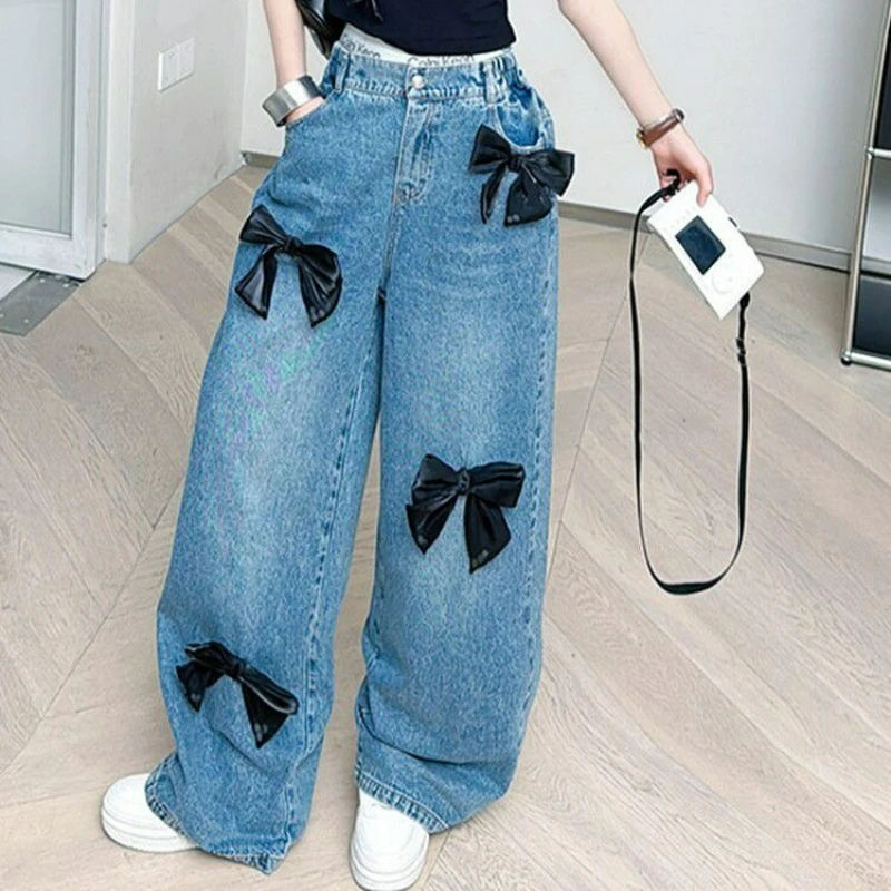 

Autumn Winter Girls' High Waist Wide Leg Jeans Navy Denim Bow Trim Long Pant Sweet & Cool Style 2025 New Girls Clothes 4-13year
