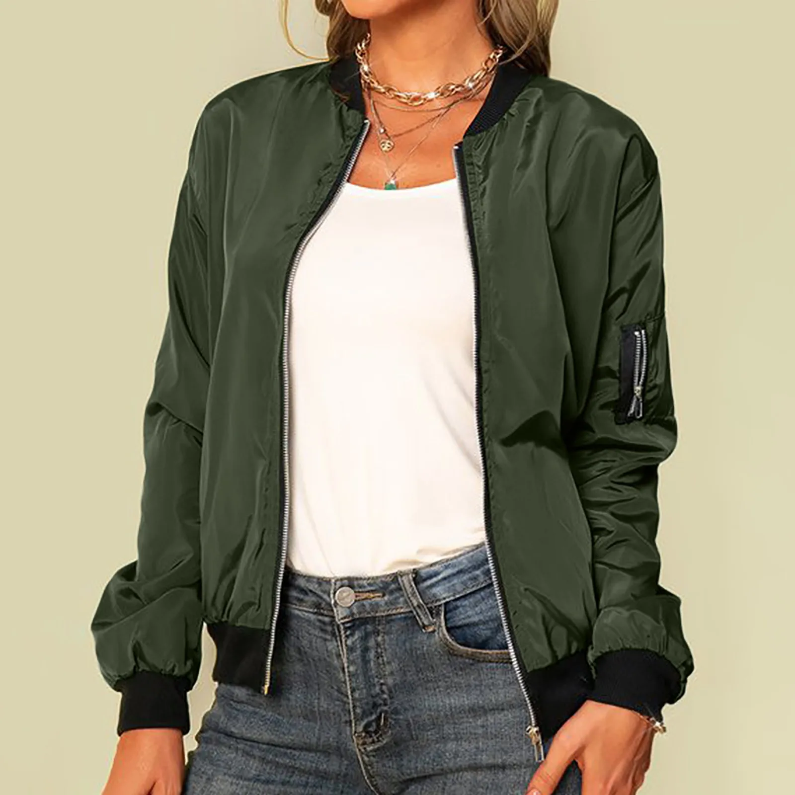 Giacche sottili da donna giubbotto Bomber solido moda autunno manica lunga cappotto sottile giacca a vento Casual colletto alla coreana giacca con cerniera