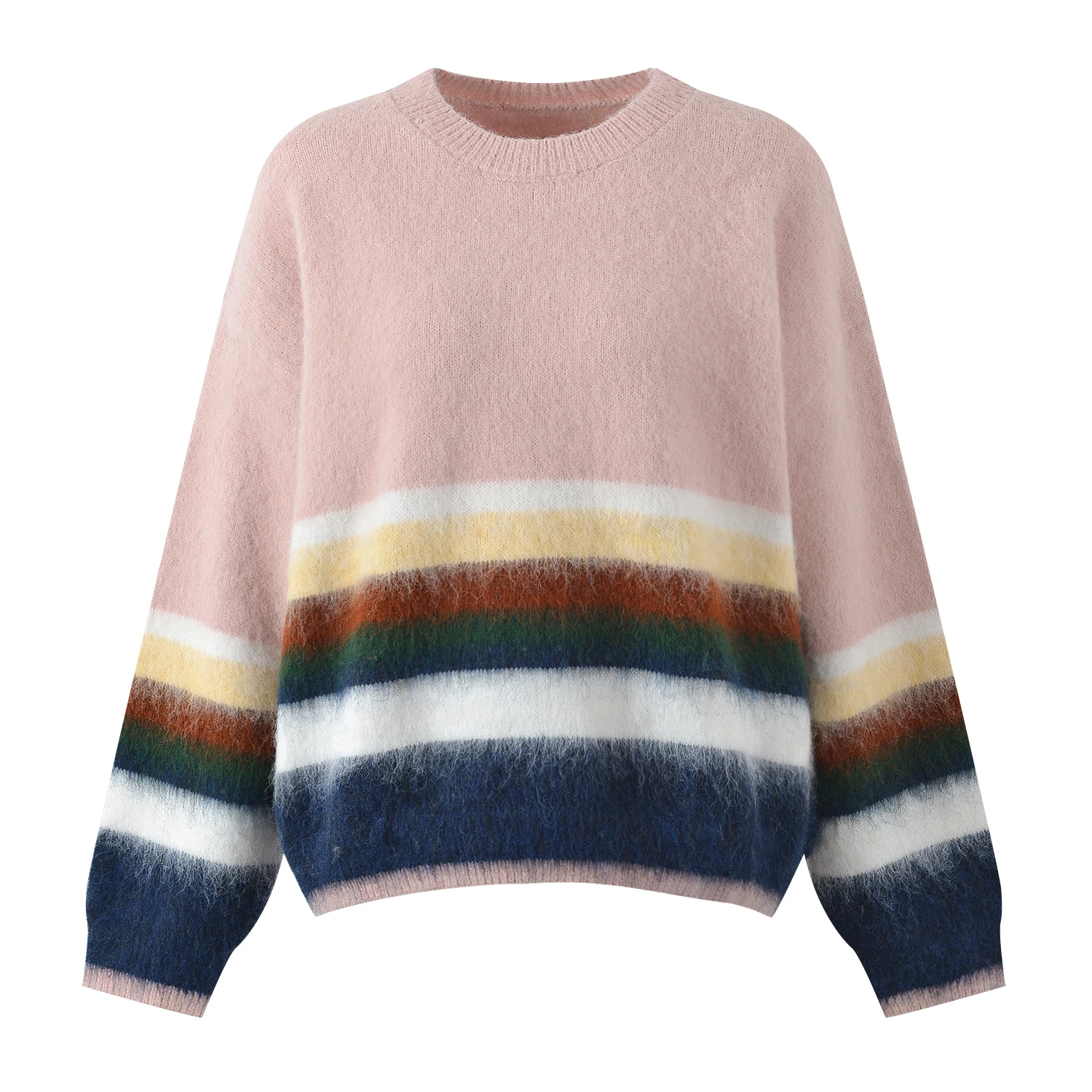 

Высококачественный вязаный свитер в розовую полоску в европейском стиле Sle Sweet Cherry Blossom, свободный круглый вязаный топ для женщин