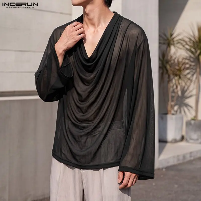 INCERUN Men's T Shirts Solid V Neck Long Sleeve Pleated Male Tee Tops Streetwear Loose Fashion Casual Men Clothes See Through
