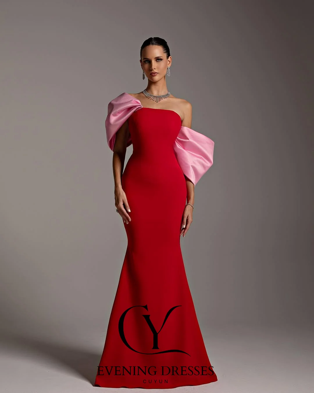 CUYUN أنيقة حورية البحر ثوب مسائي مخصص الأحمر والوردي قبالة الكتف حزب فساتين النساء مأدبة ثوب #5