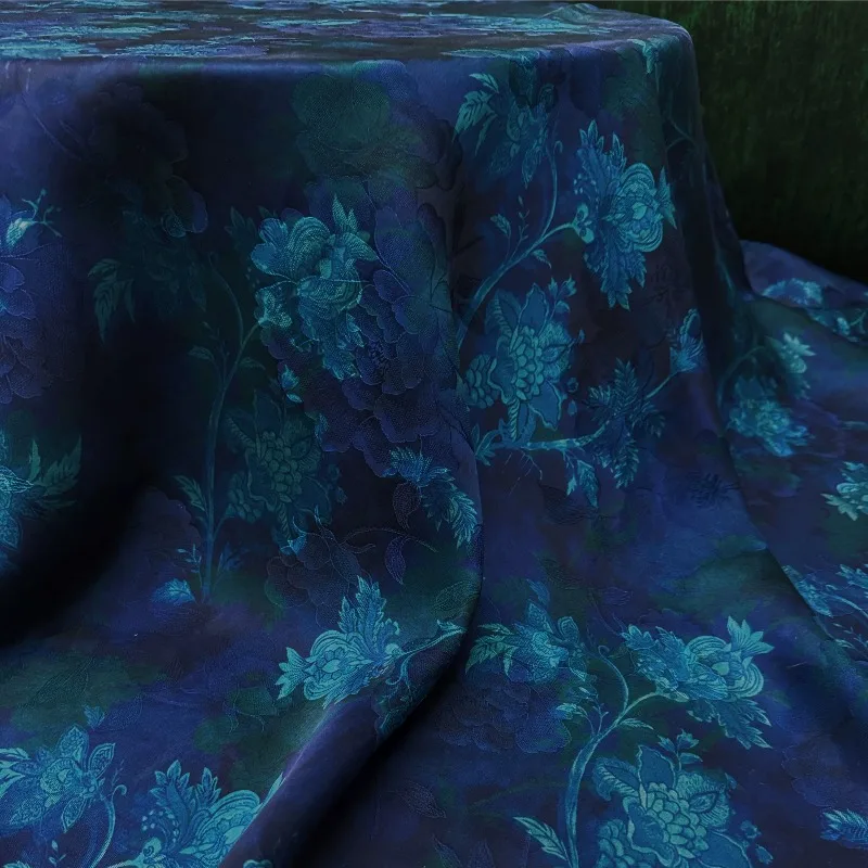 Silk Fabric Navy Blue Cloud Pattern Modern Chinese Style Drapey Soft Hanfu Coat Qipao Tea Dress DIY Sewing Accessories