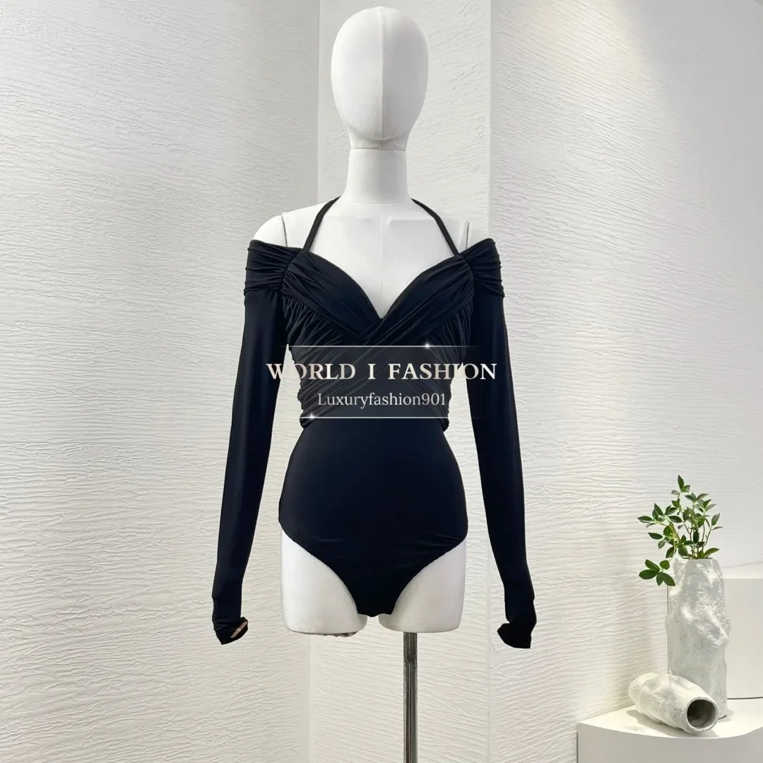 

Beach Style 2025 Latest New Summer High Quality Black Halter Off The Shoulder Pleats Cut Out Waist Women Bodysuits