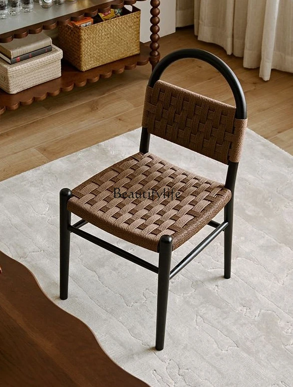 Solid Wood Soft Bag Black French Style High Sense Household Restaurant Armchair Cowhide String Seat Surface