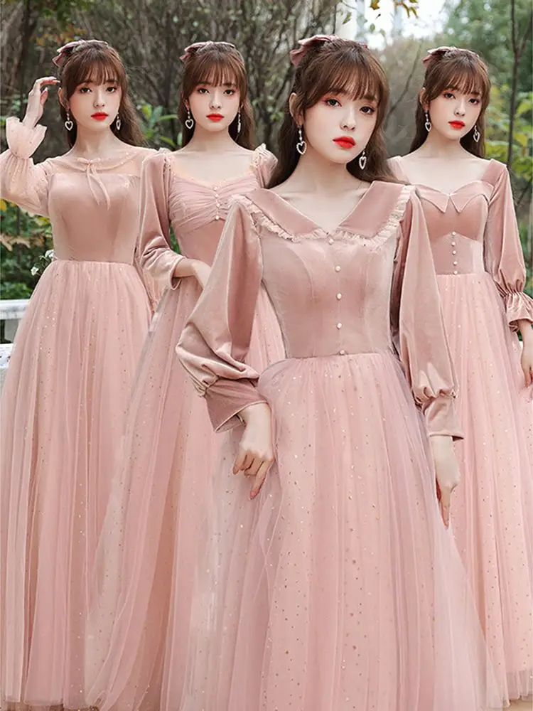 

Pink Bridesmaid Dresses New Velvet Sisters' Annual Meeting Dresses Women's Long Sleeve Off Shoulder Wedding Female Guest Gown