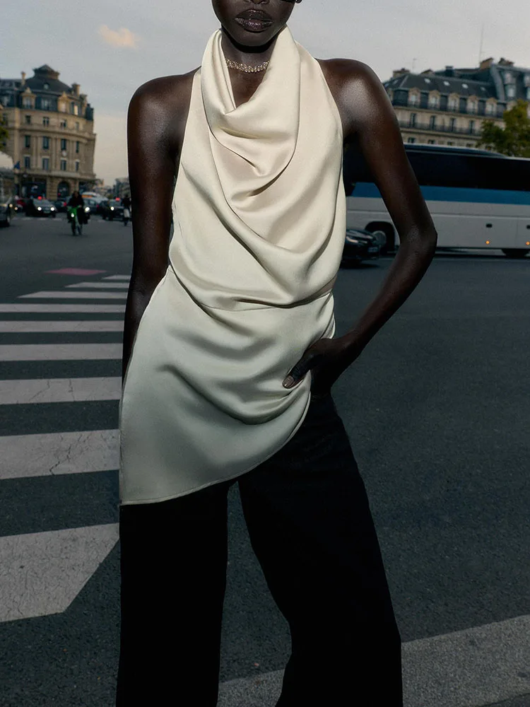 Outono nova chegada feminina faion assimétrico seda cetim sentir colarinho topo versátil ele palco wear étnico sle