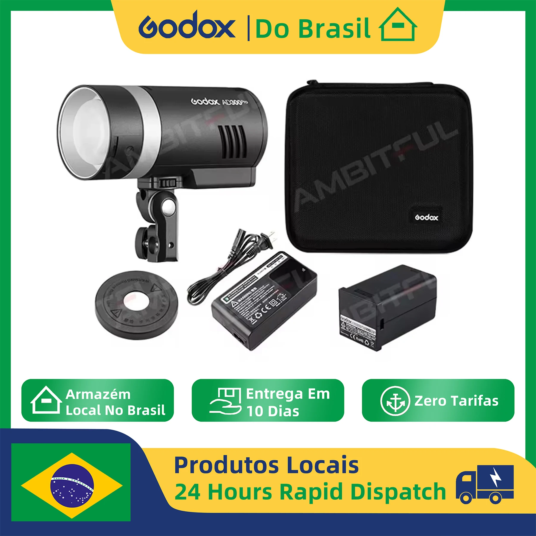 【Do Brasil】 Godox AD300Pro Outdoor Flash Light 300Ws TTL 2.4G 1/8000 HSS with Battery for Canon Nikon Sony Fuji Olympus Pentax