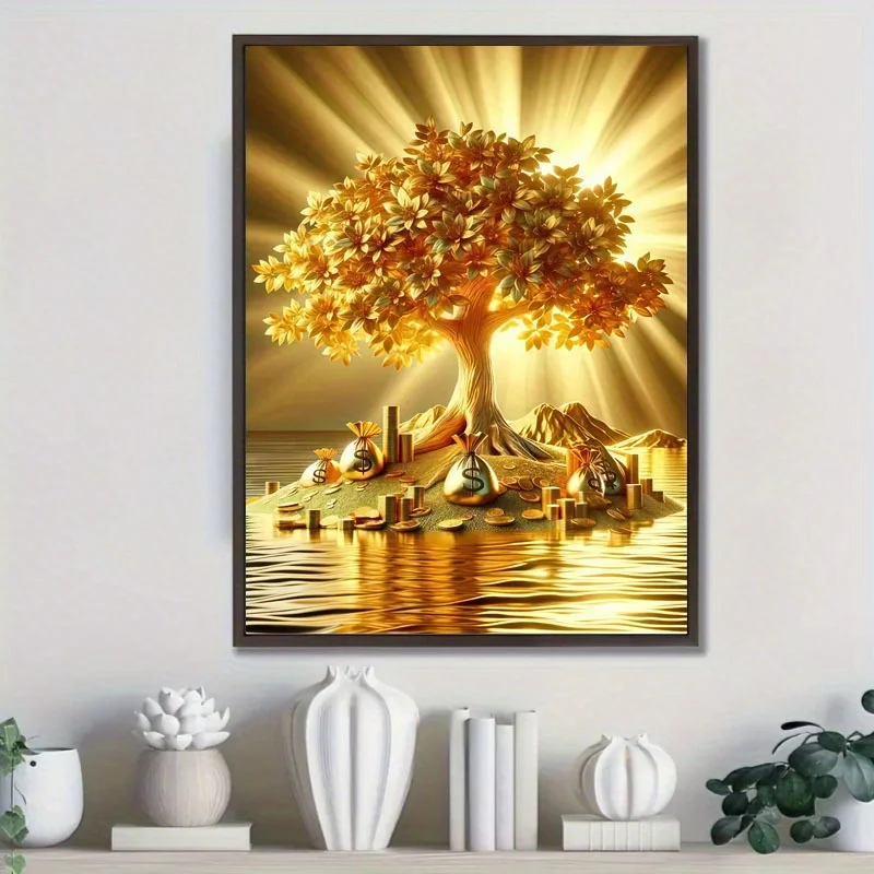 Money Tree Canvas Wall Art Poster – Frameless Vibrant Golden Tree of Wealth with Banknotes & Flowing Water Design, Perfect for