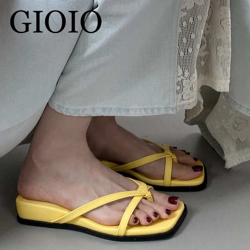 

《GIOIO》Summer Women Wedges Heel Flip Flop Fashion Leopard Print Clip Toe Slides Yellow Ladies Outdoor Beach Dress Slippers