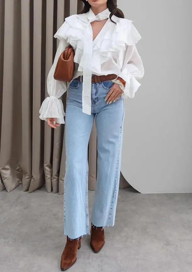 

Women's Asymmetric Pleated V-neck Lace-Up Detail Casual Shirt Long-Sleeved Loose Top for Spring And Summer 2025