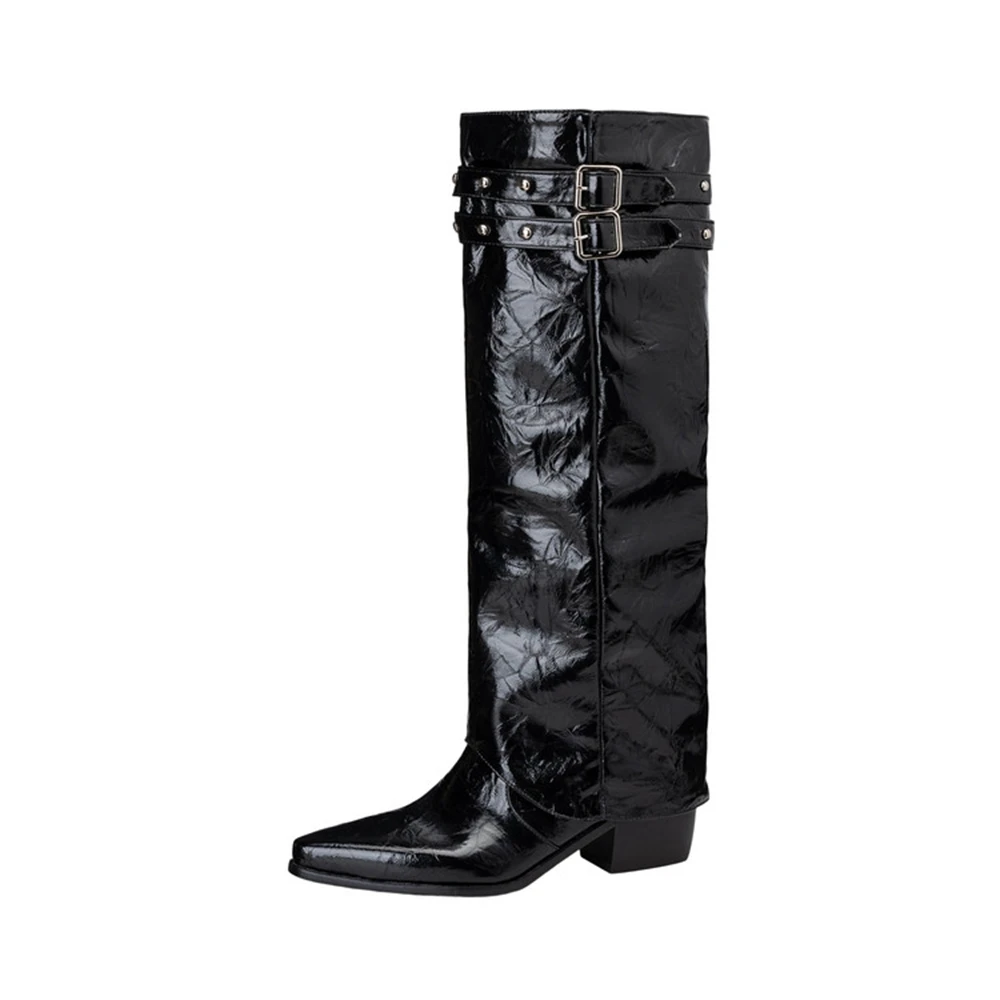 Women Detachable 2 in 1 Knee High Boots Slip on Square Toe Block Heel Fashion Boots Large Size 32-48 049-4