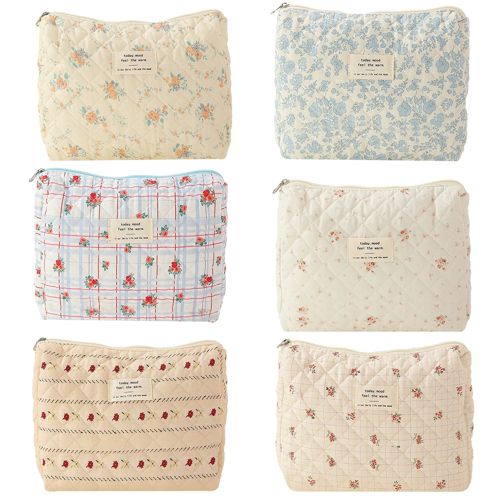 Women Floral Cosmetic Bag Printed Cotton Aesthetic Toiletry Purse Large Capacity Zipper Closure Female Travel Bag