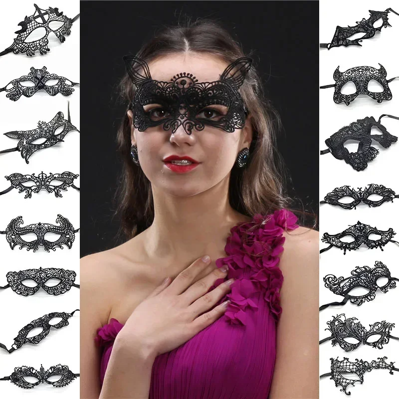 Shaped Sexy Women's Lace Eye Mask for Carnival Halloween Masquerade Animal Half Face Party Mask Cosplay Festive Supplies Black