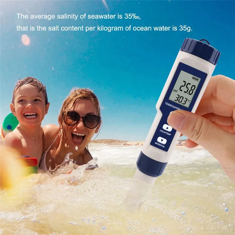 

ABEZ 5 In 1 TDS/EC/PH/Salinity/Temperature Meter Digital Water Quality Monitor Tester For Pools, Drinking Water, Aquariums Durab