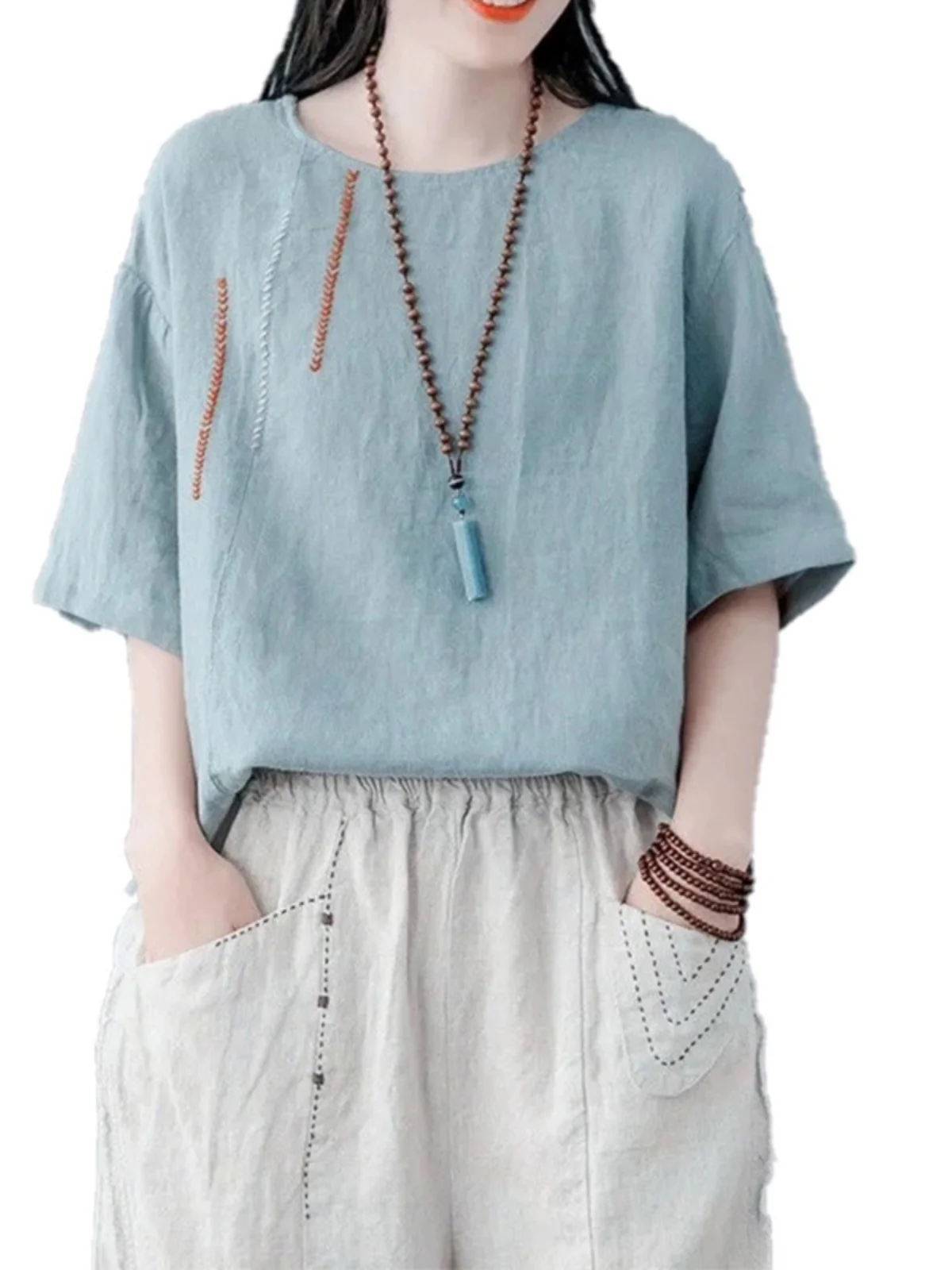 Algodão linho ort sve camiseta feminina casual solto overhead bordado topo vintage sle redondo ne fino verão irt