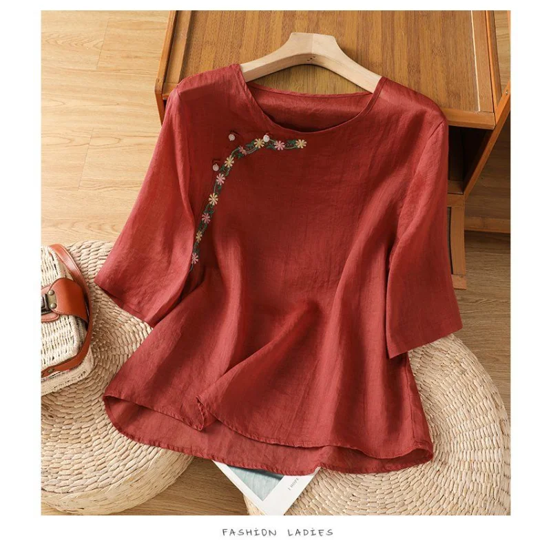 Retro Chinese Stijl Geborduurd Katoen Linnen Shirt Dames Zomer Kraal Knop Schuine Top Nieuwe Mid-mouwen
