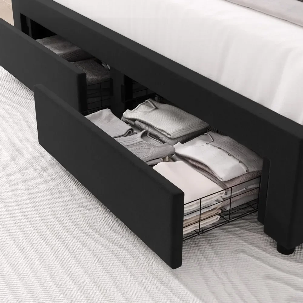 King Upholstered LED Bed Frame with 2 Storage Drawers, Velvet Platform Bed with Wingback Headboard, Solid Wooden Slats Support image 2