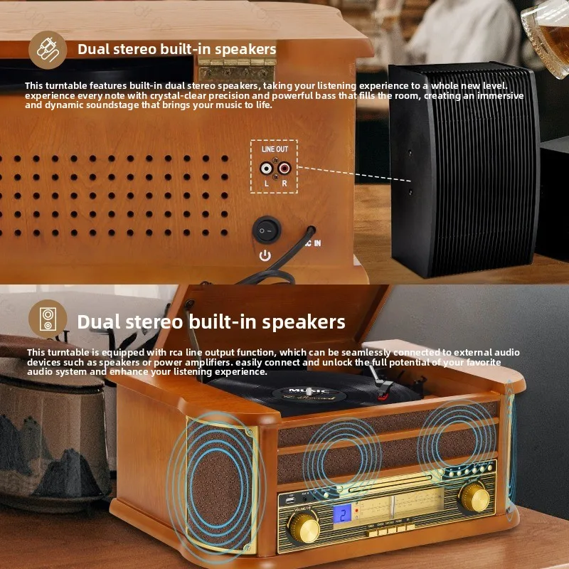 Vintage Turntable Vinyl Record Player Bluetooth‑Compatible CD Cassette Player Speaker AM/FM Radio USB Recorder