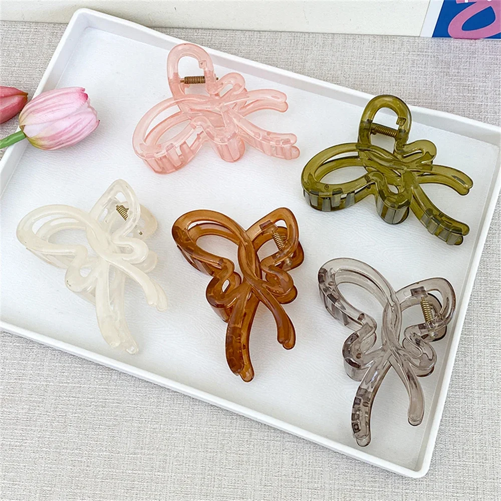 

Transparent Hair Clip with Hollow Out Bowknot for Women Candy Color Simple and Sweet Head Decoration for Thick Hair