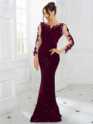 Long Sleeve Evening Maxi Dress Prom Gown for Women Green Burgundy Royal Blue Hollow Out Lace Patchwork Sequin