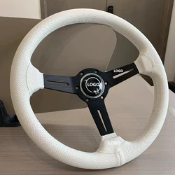 14inch 350mm White Perforated Leather Steering Wheel  Universal Racing Drifting Steering Wheel Black Spoke