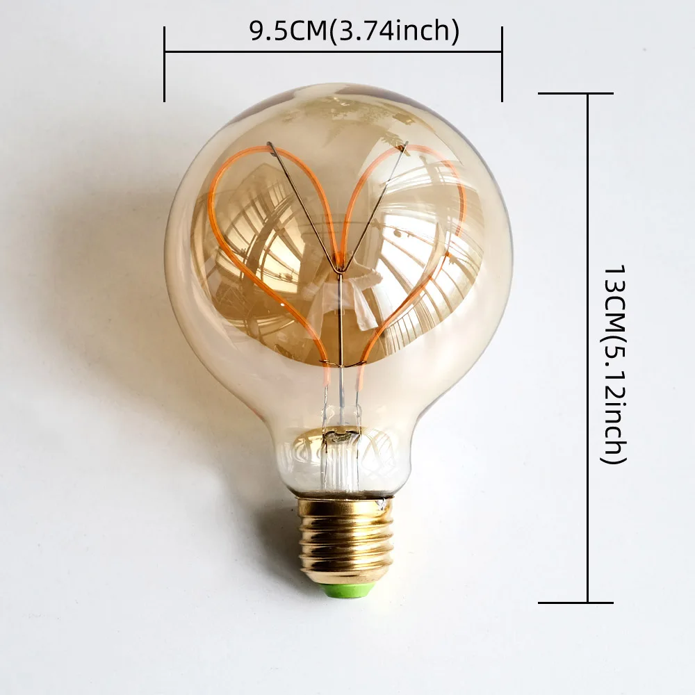 Tianfan-ヴィンテージLEDエジソン電球,ハートフィラメント装飾ライト,暖かい黄色,調光可能,g95,g30,4w,220v,110v,e26,e27