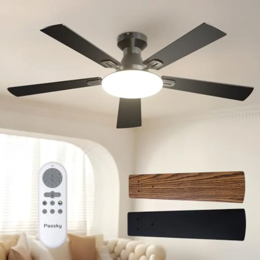 Ceiling Fans with Lights, 52 inch Flush Mount for Bedroom and Farmhouse, Black, Low Profile Reversible Fan with 3CCT Dimmable L