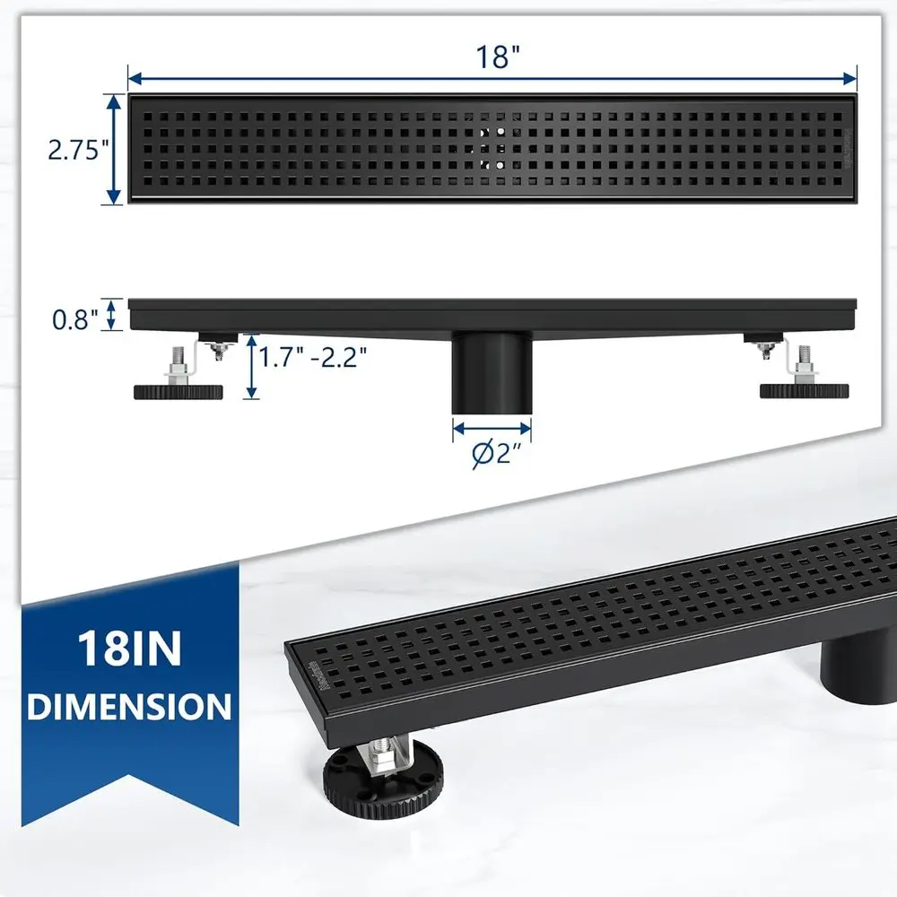 Sifone doccia lineare nero opaco da 18 pollici con griglia rimovibile, in acciaio inox 304, piedini livellanti, filtro per capelli