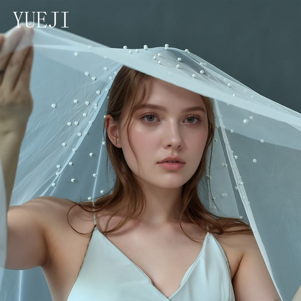 YUEJI Double Blush Bridal Veil With Pearls Cathedral Velo De Novia Largo Velos Cristianos De Iglesia YJ08