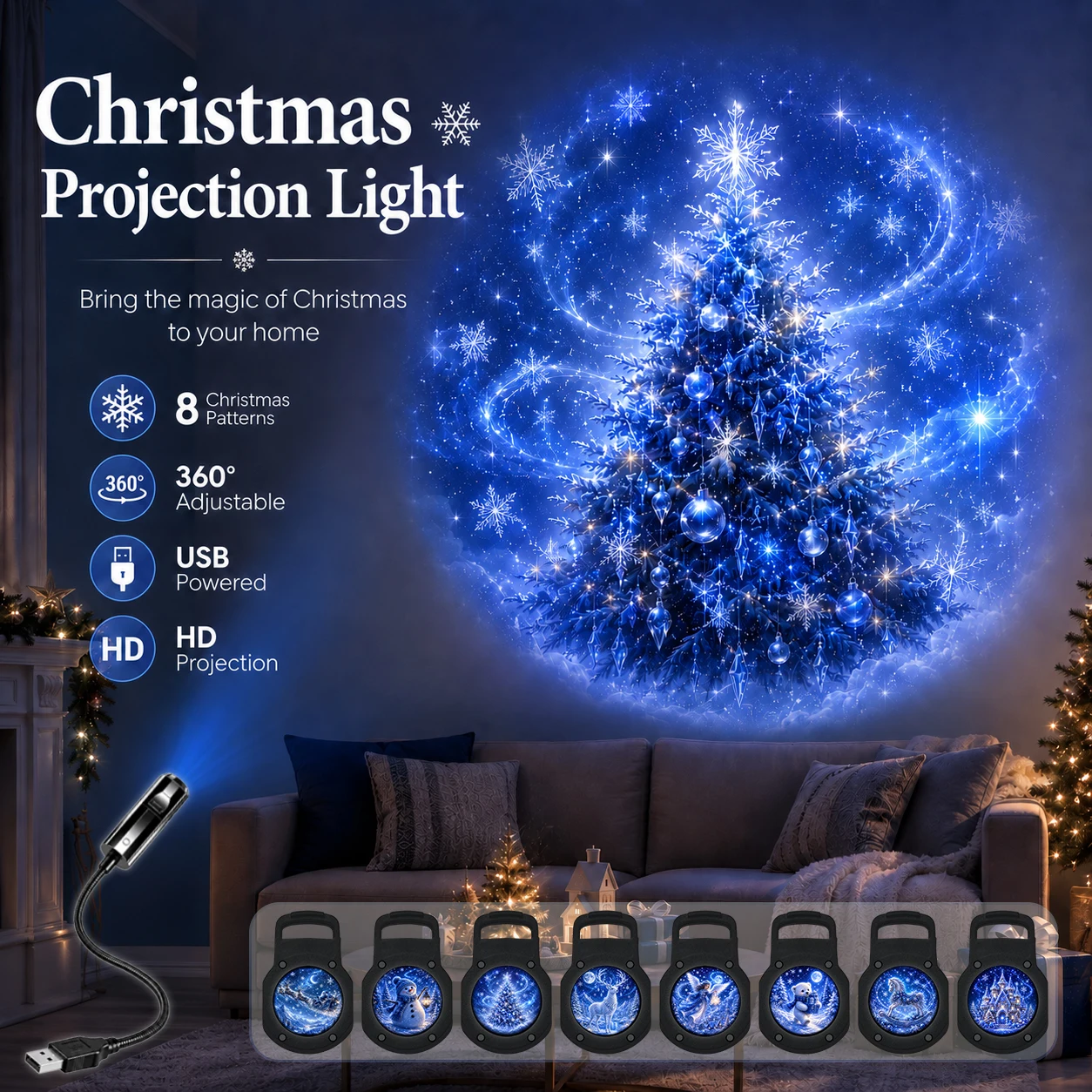 8 Christmas-Themed Projector Lights, USB-Powered Nightlights, Perfect for Creating a Festive Atmosphere in Your Room.