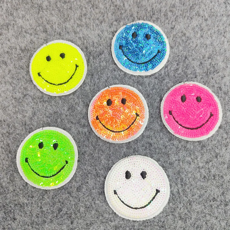 Colorful Cartoon smiling Face Sequin Embroidery Patch, DIY Ironing, Sewing, Embroidered Fabric, Clothing, Bags, Shoes, Hats, AC