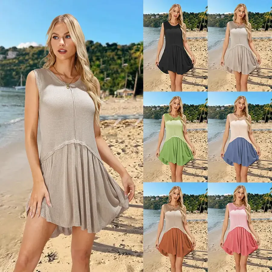 2024  New Round Neck Colored Loose Dress Fashion Women's Knitted Skirt Summer Dress