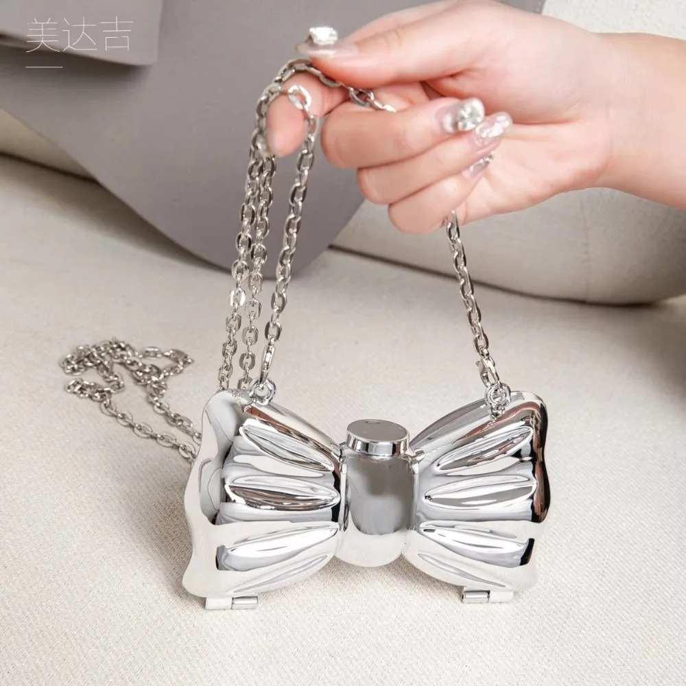 Metal Mini Handbag Bow Design European-Style Chain Metal Handbag Shimmering Finish Bow Clasp Closure Crossbody Bag For Women