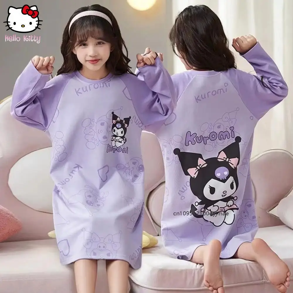 

Sanrio New Melody Girls Pajama Cotton Children's Nightgown Kuromi Spring Autumn Long Sleeve Pure Cute Sleepwear Robe Loungewear