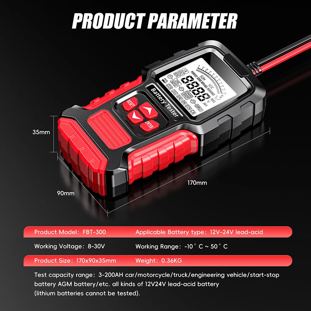 FOXSUR 12V 24V Smart Car Battery Tester Motocycle Battery Analyzer SOH SOC CCA IR Digital Test Tool for Truck SUV Boat with LCD