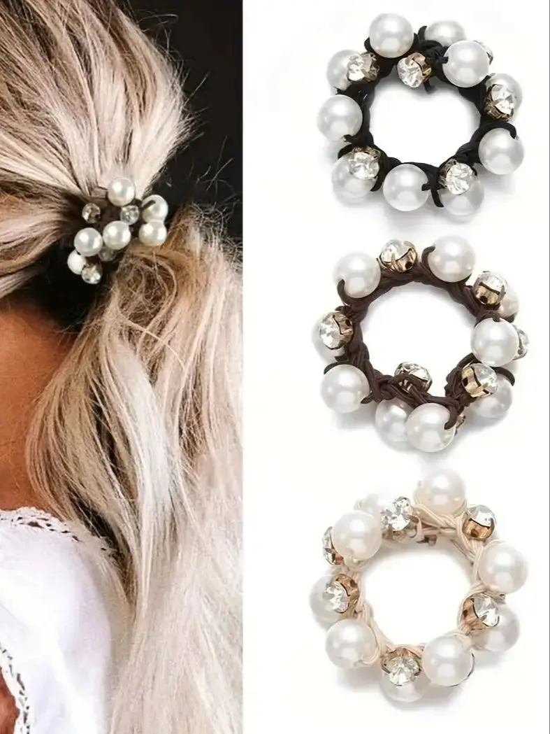 3 szt. Gumek do włosów z perłami i brokatowymi cyrkoniami, retro scrunchies dla kobiet — zdjęcie 2