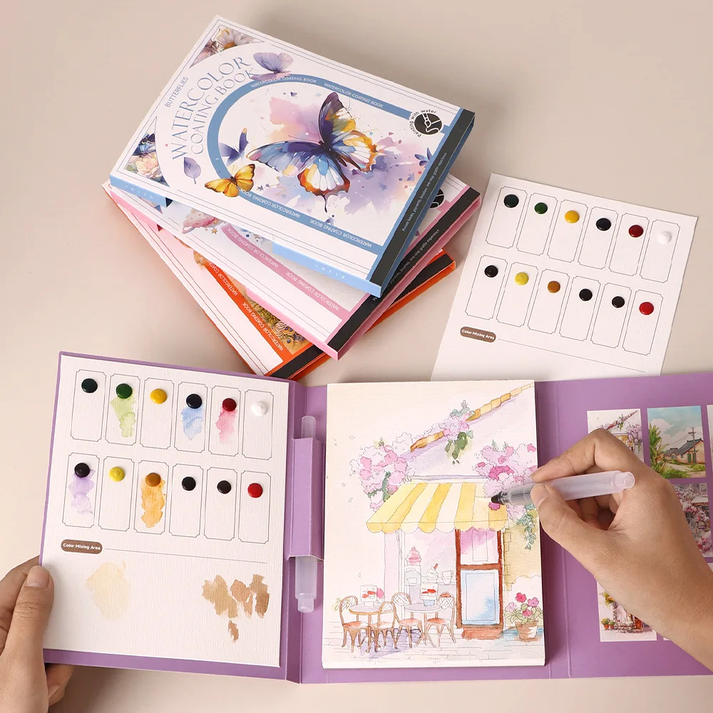 conjunto-de-pintura-em-aquarela-para-viagem-com-livro-tripartido-12-cores-integradas-e-papel-para-anotacoes-para-alivio-do-estresse-e-terapia-artistica-diy