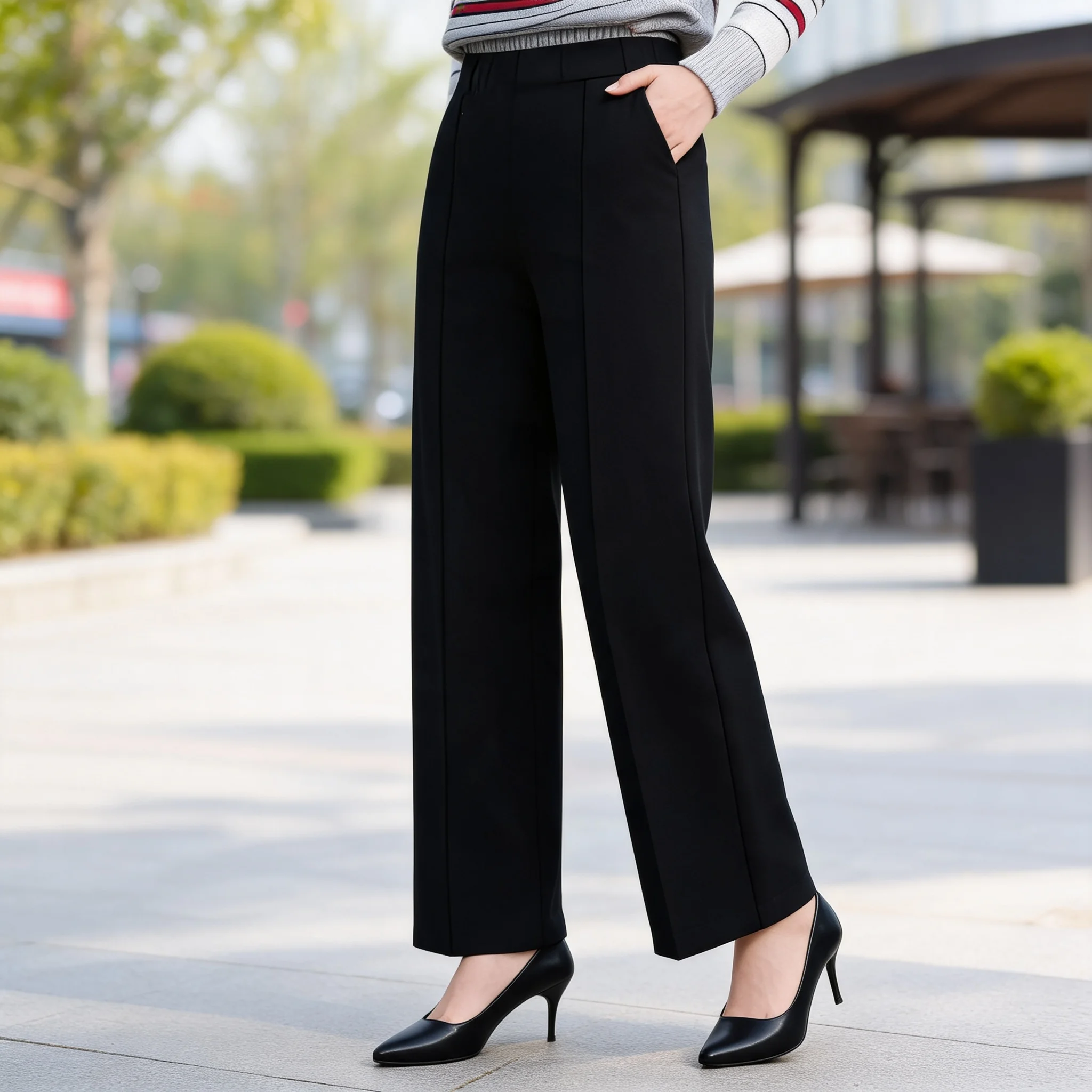 Seamless Casual Full Length Pants with Pocket Detail Regular Thickness Slight Stretch Elegant Commute Women Pants Spring