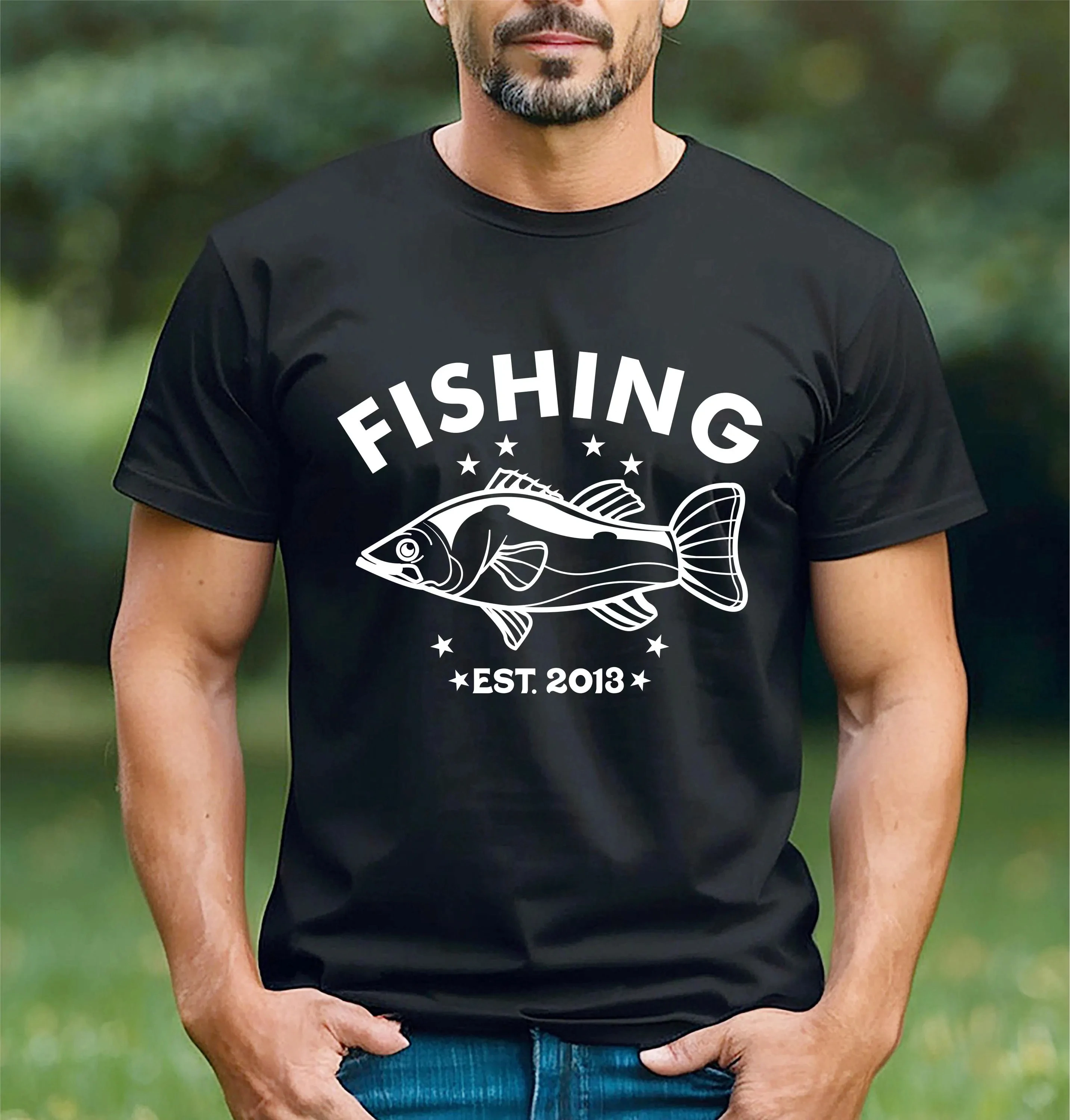 Men’s Summer Loose-Fitting Cotton T-Shirt  Personalised T-shirt Fishing Est. Any Year Fisher Fish Catcher Birthday Present Top
