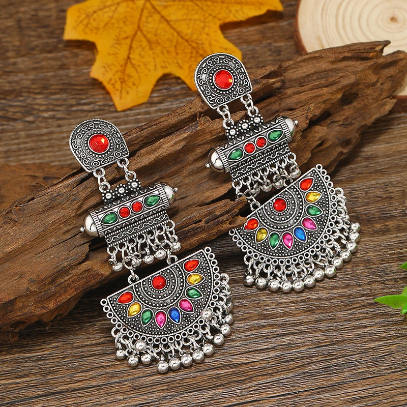 European and American Bohemian style colored fan-shaped alloy vintage ethnic style earrings