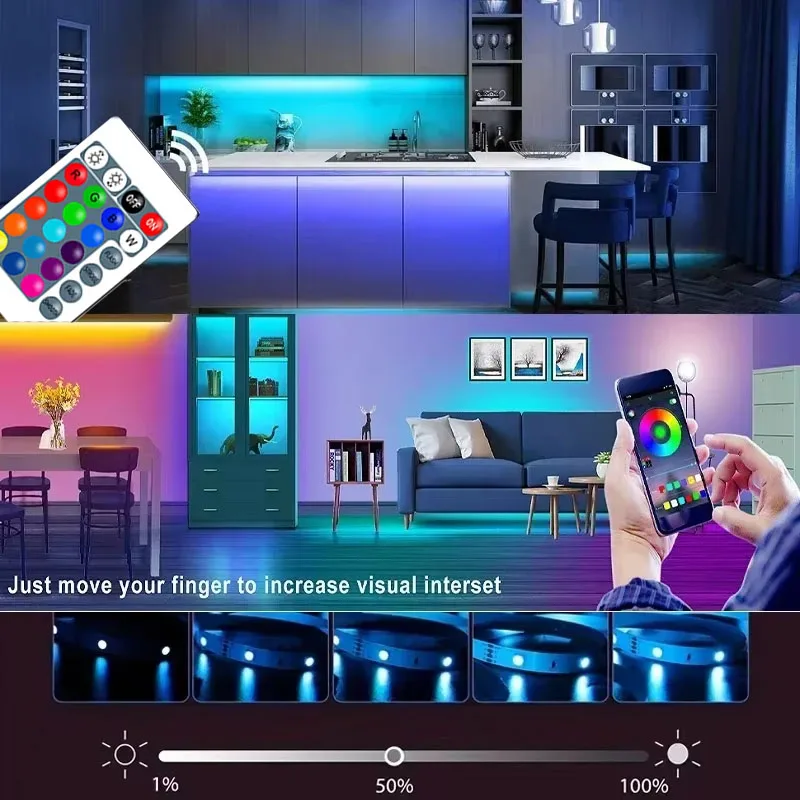1-30M USB LED Strip Light RGB Flexible Ribbon Tape Music Sync Bluetooth APP Remote Control TV Backlight Gaming Room Party Decor