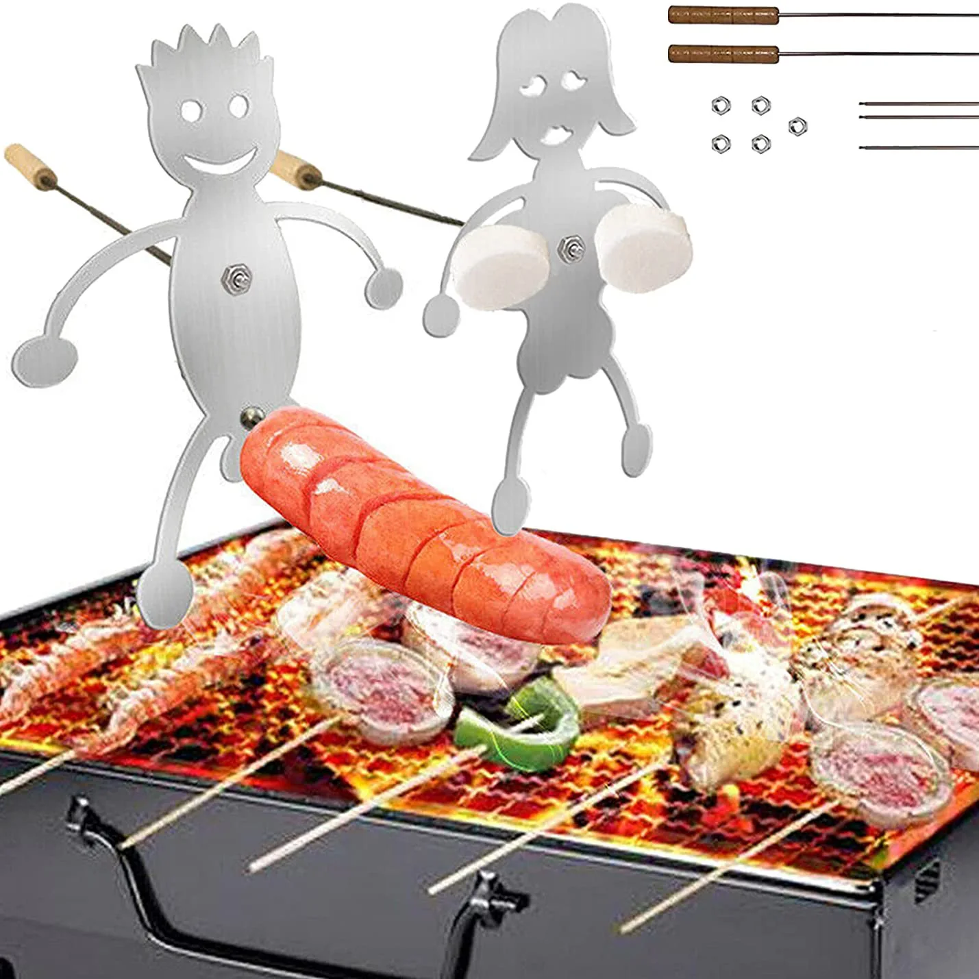 Portable Hotdog Boy Girl Roaster Cooker Funny Hot Dog Roaster Rack BBQ Sausage Stainless Steel Metal Tool Grilled Bonfire Skewer